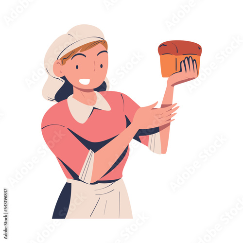 Woman Baker in Apron Holding Fresh Baked Loaf with Hand Vector Illustration