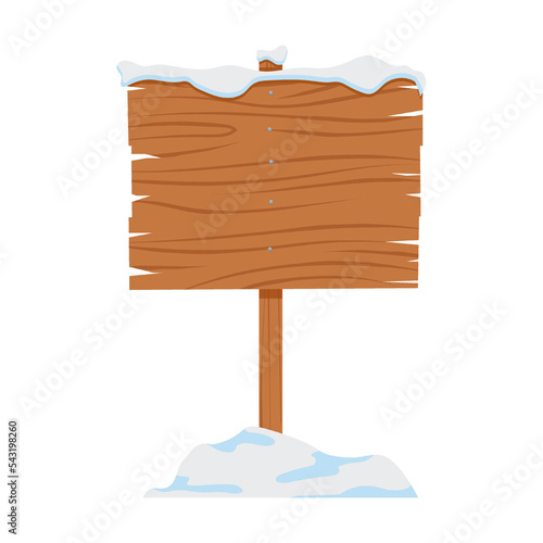 Snowy signboard, signpost or banner vector illustration. Vintage wooden sing covered with snow from wood isolated on white background