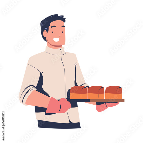 Man Baker Holding Hot Fresh Baked Loaf on Tray with Potholder Vector Illustration