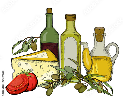 Italian food decorative composition design with olive oil, balsamic vinegar and cheese, engraving style vector illustration isolated on white background.