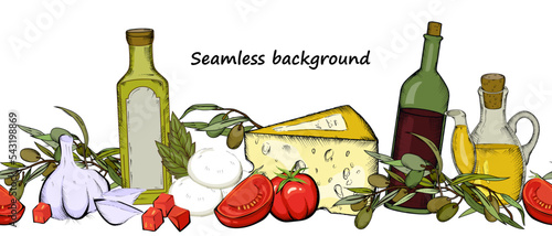 Italian food seamless hand drawn background, decorative border design with olive oil, balsamic vinegar and cheese, engraving style vector illustration isolated on white background.