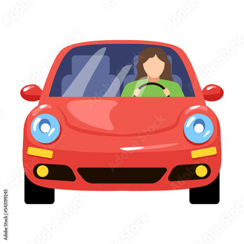 Front view of female driving car cartoon vector illustration. Female driver alone in car