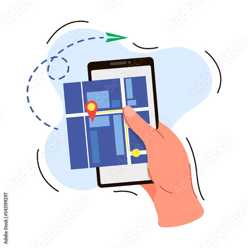 Hand holding mobile phone with location map. Vector illustration of female or male internet user. Cartoon online app isolated on white