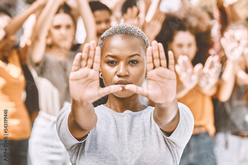 Fotografia Protest, stop hands and black woman with people