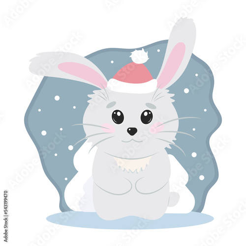 Vector illustration, cute rabbit in a Christmas hat on a winter snow-covered background with Christmas trees