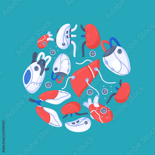 Vector illustration of artificial organs concept. A circle of human bionic organs isolated on a blue background. Organ transplantation. 