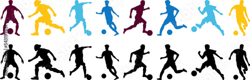 Soccer player black silhouette shadow set. Football goalkeeper in Qatar style colors kicking ball