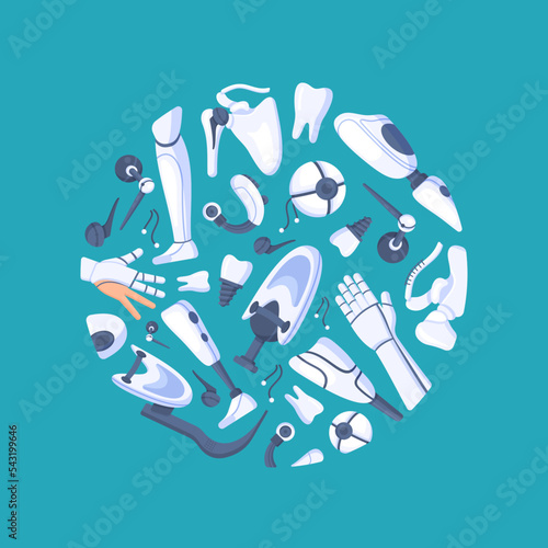 Vector illustration of bionic prosthetics concept. Circular pattern isolated on a blue background. Different human prosthetics. Inserted body parts. 