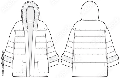 kimono style quilted padded puffer bomber jacket flat sketch vector illustration long winter jacket with hoodie front and back view technical cad drawing template
