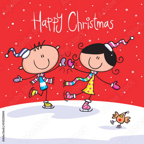 Fun Christmas greeting card design of boy and girl characters ice skating against a snowy Christmas background with a robin red-breast.
