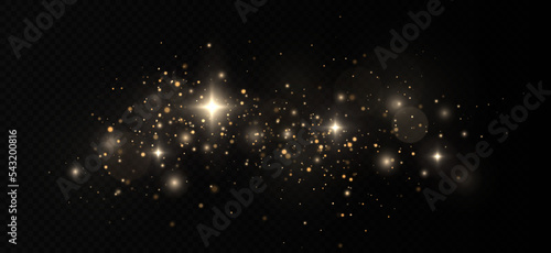 Golden confetti and glitter texture on black background. Sparkling space magical dust particles. Christmas concept.