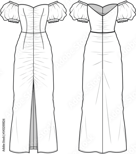 Puff Short Sleeve Ruched Front Slit Maxi Dress Front and Back View. Fashion Illustration, Vector, CAD, Technical Drawing, Flat Drawing, Template, Mockup.	