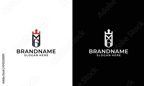 Premium GM Monogram Two letter G&M. Elegant gold shield initials and old crown geometric retro graphic logo design. alphabet vector elements