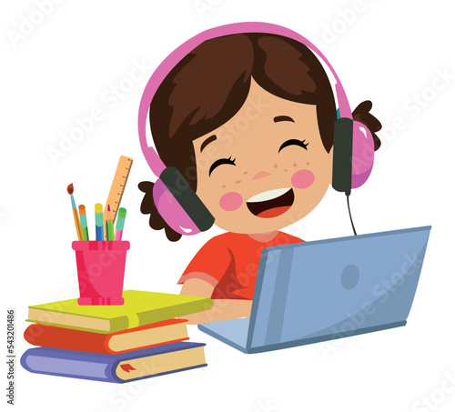 cute boy studying computer and listening to music