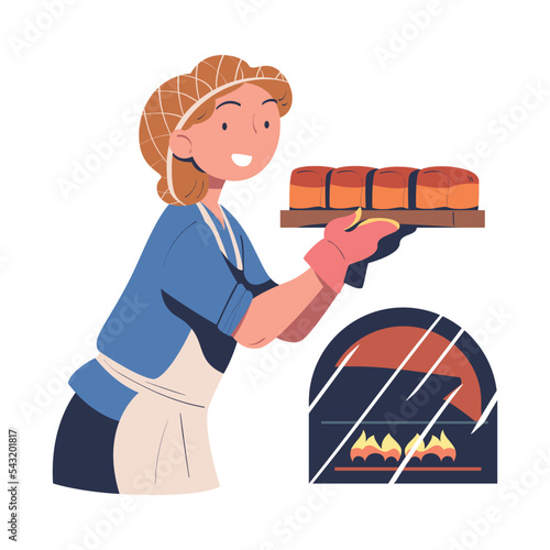 Woman Baker in Apron Holding Fresh Baked Loaf with Potholder Vector Illustration