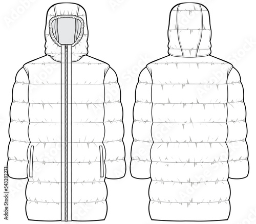 long down jacket quilted padded puffer bomber jacket with hoodie flat sketch vector illustration unisex quilted coat front and back view technical cad drawing template