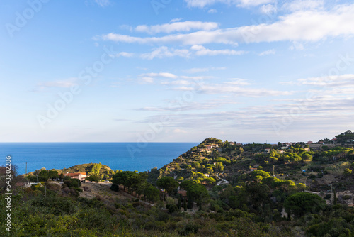 View over the houses and hills of Patresi on the coast of the island of Elba