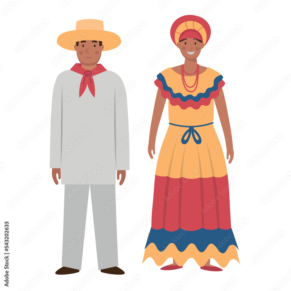 Cartoon men's and women's costumes of Colombia character for children. Flat vector illustration