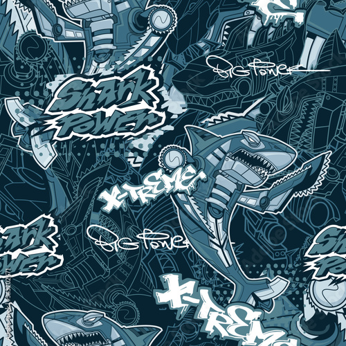 Seamless pattern with robot shark. Danger sharks robotically character repeat print.

