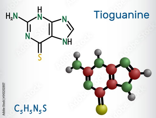 Tioguanine, thioguanine or 6-thioguanine molecule. It is purine analogue, used in the therapy of myelogenous leukemias. Structural chemical formula and molecule model.