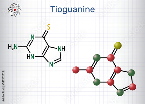 Tioguanine, thioguanine or 6-thioguanine molecule. It is purine analogue, used in the therapy of myelogenous leukemias. Structural chemical formula and molecule model. photo