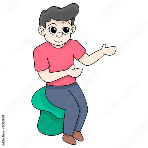 illustration of a boy sitting with a hand gesture offering a buyer