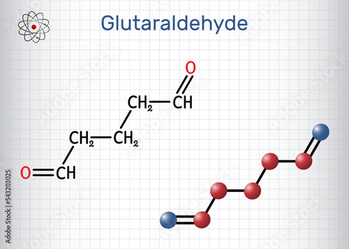 Glutaraldehyde, glutaral molecule. It is is used for industrial, laboratory, agricultural, disinfection of medical devices. Structural chemical formula, molecule model. Sheet of paper in a cage
