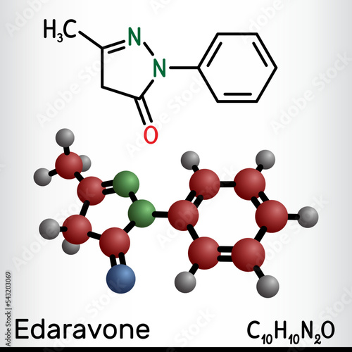 Edaravone molecule. It is used for treatment of amyotrophic lateral sclerosis ALS. Structural chemical formula, molecule model.