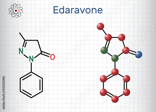 Edaravone molecule. It is used for treatment of amyotrophic lateral sclerosis ALS. Structural chemical formula, molecule model. Sheet of paper in a cage