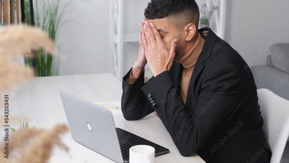 Project deadline. Exhausted man. Computer technology. Tired guy working ...