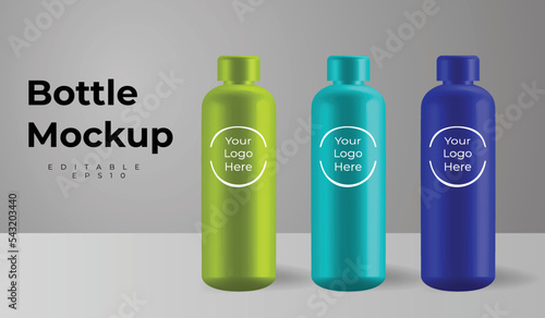 Design template of packaging mockup, realistic 3d green, light blue and dark blue empty glossy metal reusable water colorful bottle isolated on background.