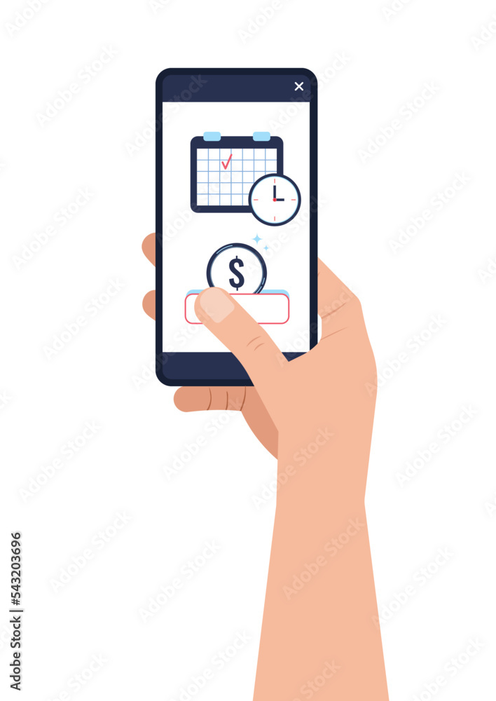 Easy credit payment with calendar on phone screen in hand. Auto pay online with mobile phone - digital device. Scheduled payment communication service concept. Flat design vector illustration. Easy credit payment with calendar on phone screen in hand. Auto pay online with mobile phone - digital device. Scheduled payment communication service concept. Flat design vector illustration.
