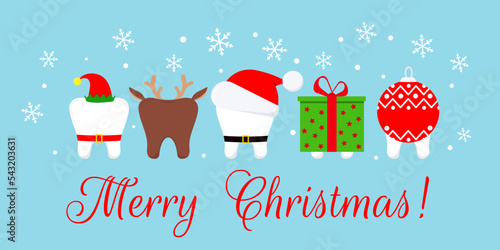 Christmas teeth in xmas carnival costume on dentist greeting card. Cute white winter teeth santa claus, deer, elf, gift and ornament. Flat design cartoon christmas banner vector illustration. 