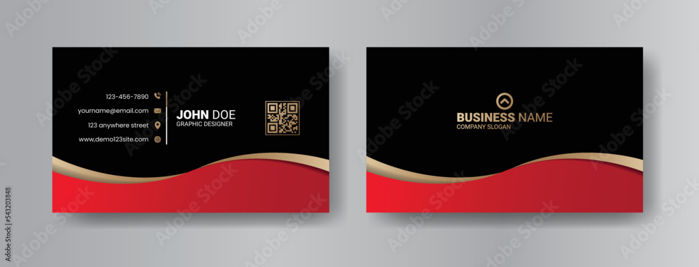 Luxurious and elegant dark black business card design with red and golden gradient premium print template