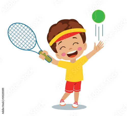 cute happy boy playing tennis