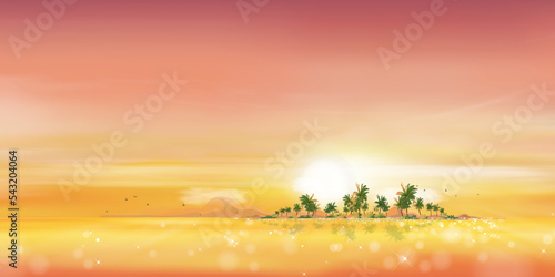 Sunset by seaside with pink and orange sky,Vector illustration beautiful nature witth coconut palm tree on island in morning, Tropical sea beach with yellow sky and sundawn in summer