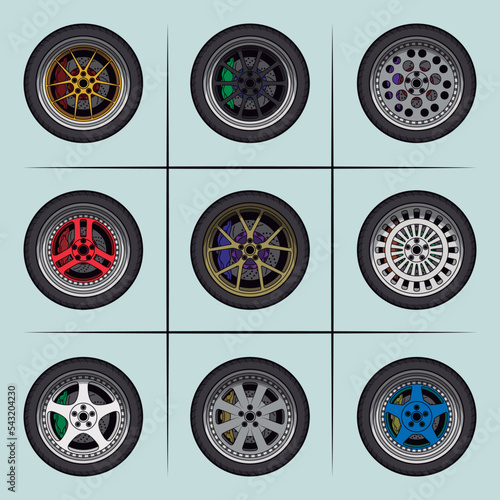 Pack of 9 car wheels. Rims, tyres and brakes. Sport, retro tuning and jdm styles.