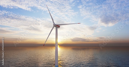 Close-up offshore Wind Turbines Farm at sunset. 3d rendering. 