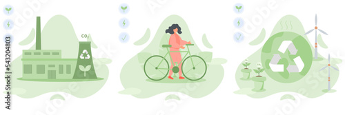 Sustainability illustration set. Energy efficiency in household and industry. Characters using green electricity, trying to reduce CO2 emission, . Electricity consumption concept. Vector illustration.