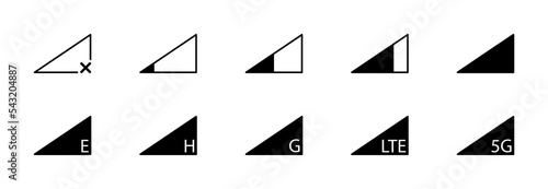 Signal reception icon. Mobile phone connection level icons. No signal, e, h, g, lte and 5g network status. Vector sign.
