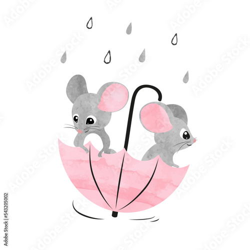 Cute little mice in umbrella. Vector mouse illustration.