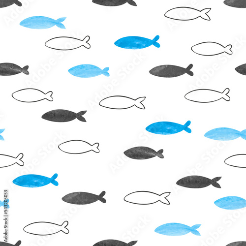 Seamless hand drawn fish pattern. Vector marine illustration