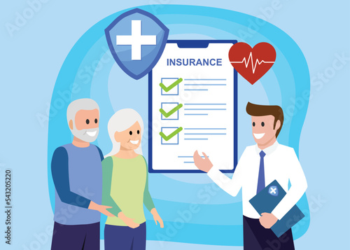 Insurance agent explain package senior couple to protect from life health accident. Health and life insurance policy, healthcare concept