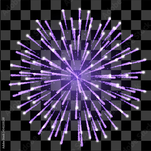 Divali festival. New Year Salute. 4th July Salute. Vector isolated firework on a dark background. Glowing effects. Shining elements and stars for bg. Holiday firework.