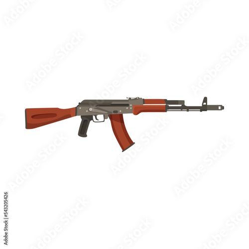 Colorful Kalashnikov gun cartoon illustration. Camouflage AK assault rifle or machine pistol on white background. Military equipment, army, weapon, resistance concept
