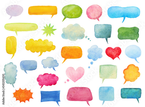 Set of watercolor speech bubbles isolated on white, hand drawn call outs illustration