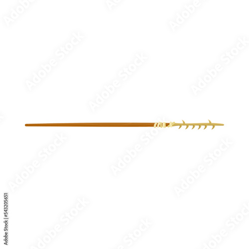 Ancient spear with teeth from wood and bone vector illustration. Primitive equipment from wood and bone of prehistoric people or barbarians for hunting isolated on white background. History, Stone age