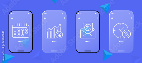 Percent set icon. Agreement, discount, rent, real estate, cashback, calculator, earnings, clock, time, annual, calendar, banking system, deposit, contribution. Money concept. Glassmorphism. UI phone