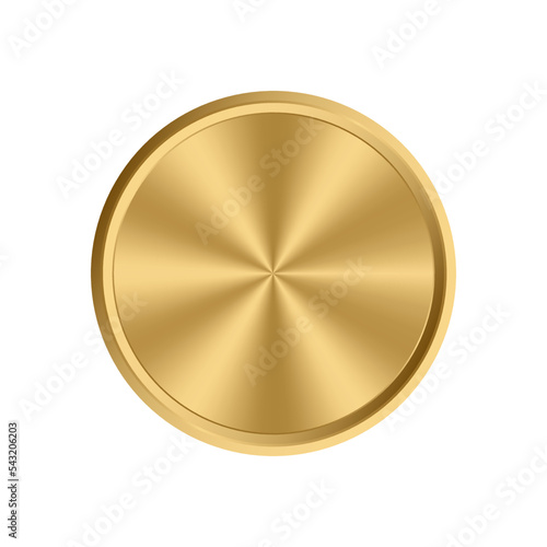 Gold circle plate background. Golden metal round medal. Button metallic bright element. Vector illustration