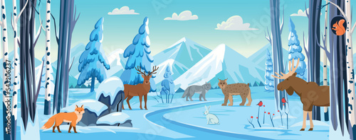 Animals in the forest in winter.Winter forest background with animals, trees, snowy fir trees, mountains, stones, driftwood and fields in the snow. Panorama of winter landscape. Vector banner.